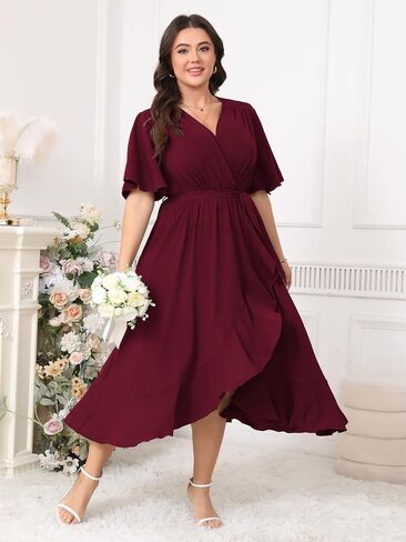 Plus Size Formal Wedding Guest Cocktail Dresses for Curvy Women Maxi Dress Wrap V Neck Short Sleeve in Kuwait