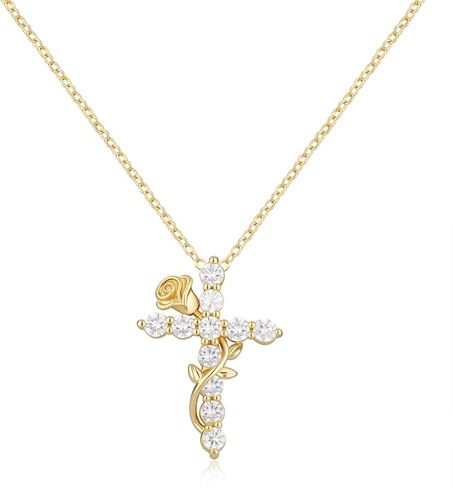 Gold Cross Necklace for Women Dainty Fashion 14K Gold Plated Zircon Rose Flower Cross Pendant Necklace Trendy Simple Small Cute Aesthetic Non Tarnish Waterproof Necklaces Easter Christian Religious Faith Jewelry Gifts in Saudi Arabia