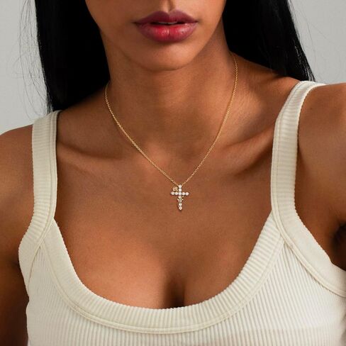 Gold Cross Necklace for Women Dainty Fashion 14K Gold Plated Zircon Rose Flower Cross Pendant Necklace Trendy Simple Small Cute Aesthetic Non Tarnish Waterproof Necklaces Easter Christian Religious Faith Jewelry Gifts in Saudi Arabia