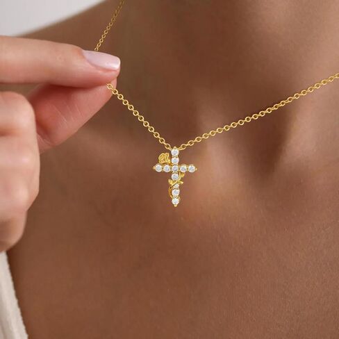 Gold Cross Necklace for Women Dainty Fashion 14K Gold Plated Zircon Rose Flower Cross Pendant Necklace Trendy Simple Small Cute Aesthetic Non Tarnish Waterproof Necklaces Easter Christian Religious Faith Jewelry Gifts in Saudi Arabia
