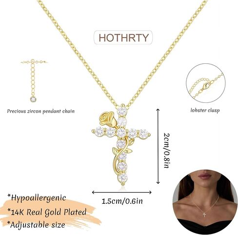 Gold Cross Necklace for Women Dainty Fashion 14K Gold Plated Zircon Rose Flower Cross Pendant Necklace Trendy Simple Small Cute Aesthetic Non Tarnish Waterproof Necklaces Easter Christian Religious Faith Jewelry Gifts in Saudi Arabia