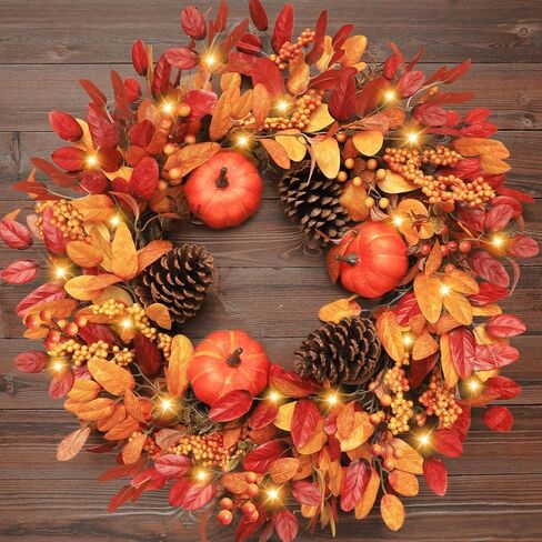 26 Inch Large Fall Wreaths for Front Door, Foldable Eucalyptus Leaves Pinecone Berries Pumpkin Wreaths with Timered LED Lights, for Fall Autumn Thanksgiving Decorations Outdoor Indoor Decor in Kuwait