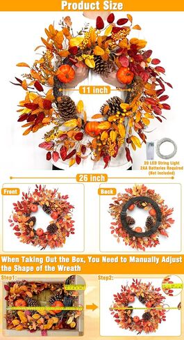 26 Inch Large Fall Wreaths for Front Door, Foldable Eucalyptus Leaves Pinecone Berries Pumpkin Wreaths with Timered LED Lights, for Fall Autumn Thanksgiving Decorations Outdoor Indoor Decor in Kuwait