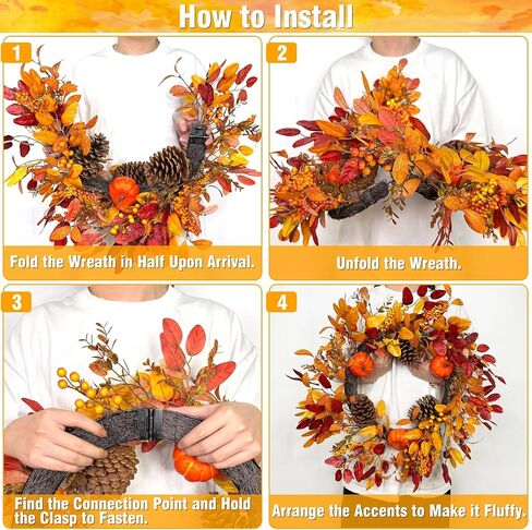 26 Inch Large Fall Wreaths for Front Door, Foldable Eucalyptus Leaves Pinecone Berries Pumpkin Wreaths with Timered LED Lights, for Fall Autumn Thanksgiving Decorations Outdoor Indoor Decor in Kuwait