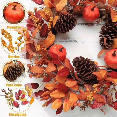 26 Inch Large Fall Wreaths for Front Door, Foldable Eucalyptus Leaves Pinecone Berries Pumpkin Wreaths with Timered LED Lights, for Fall Autumn Thanksgiving Decorations Outdoor Indoor Decor in Kuwait