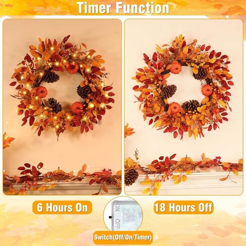 26 Inch Large Fall Wreaths for Front Door, Foldable Eucalyptus Leaves Pinecone Berries Pumpkin Wreaths with Timered LED Lights, for Fall Autumn Thanksgiving Decorations Outdoor Indoor Decor in Kuwait