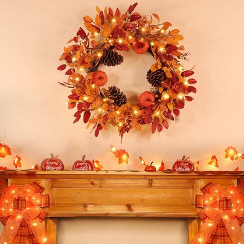 26 Inch Large Fall Wreaths for Front Door, Foldable Eucalyptus Leaves Pinecone Berries Pumpkin Wreaths with Timered LED Lights, for Fall Autumn Thanksgiving Decorations Outdoor Indoor Decor in Kuwait