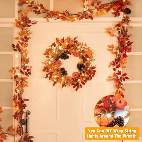 26 Inch Large Fall Wreaths for Front Door, Foldable Eucalyptus Leaves Pinecone Berries Pumpkin Wreaths with Timered LED Lights, for Fall Autumn Thanksgiving Decorations Outdoor Indoor Decor in Kuwait