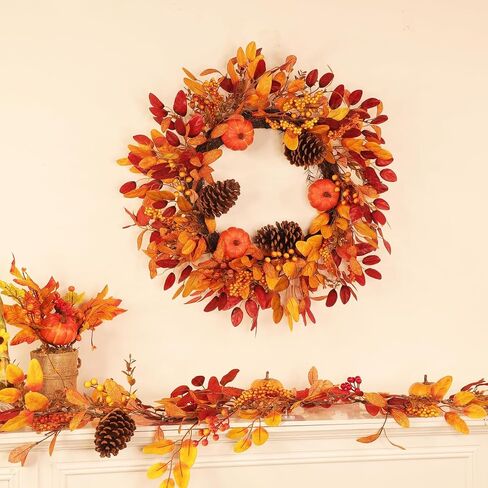 26 Inch Large Fall Wreaths for Front Door, Foldable Eucalyptus Leaves Pinecone Berries Pumpkin Wreaths with Timered LED Lights, for Fall Autumn Thanksgiving Decorations Outdoor Indoor Decor in Kuwait