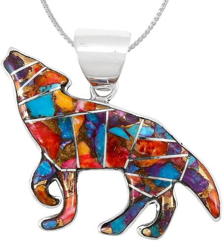 Turquoise Network Coyote Wolf Pendant Necklace Sterling Silver 925 Genuine Gemstones & Gemstones (24" Length) in Saudi Arabia