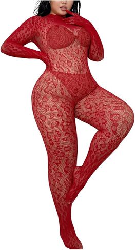 Floerns Women's Plus Size Leopard Print Long Sleeve Mesh Sheer Backless Lingerie Bodysuit in Saudi Arabia