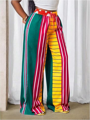 MakeMeChic Women's Striped Wide Leg Palazzo Pants High Waist Drawstring Summer Trousers in Saudi Arabia