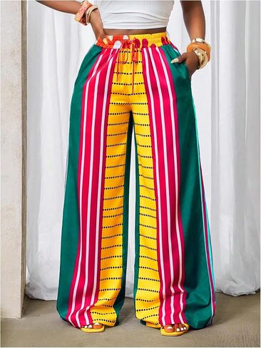 MakeMeChic Women's Striped Wide Leg Palazzo Pants High Waist Drawstring Summer Trousers in Saudi Arabia