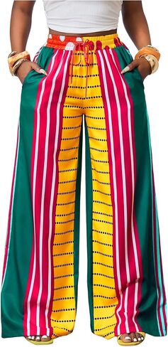 MakeMeChic Women's Striped Wide Leg Palazzo Pants High Waist Drawstring Summer Trousers in Saudi Arabia