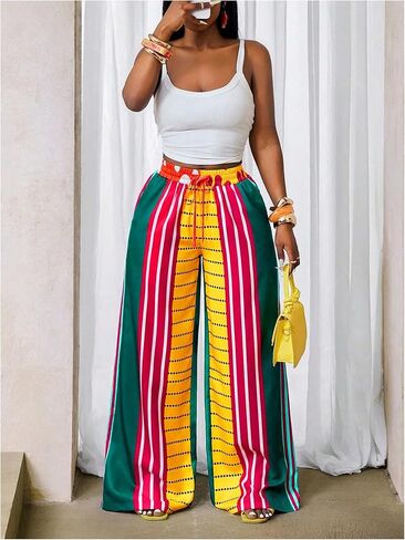 MakeMeChic Women's Striped Wide Leg Palazzo Pants High Waist Drawstring Summer Trousers in Saudi Arabia
