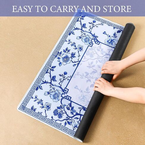 Chinoiserie Mahjong Mat with 3 Dice and 1 Carrying Bag 31.5" x 31.5" Blue and White Rubber Anti Slip and Noise Reduction Multi Purpose Game Table Cover for Mah Jongg, Card, Board Tile Games in Saudi Arabia