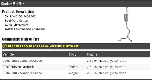 Center Muffler - Compatible with 2006-2009 Subaru Outback 2.5L H4 Naturally Aspirated in Saudi Arabia