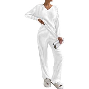 SHEWIN Women's Pajama Sets Long Sleeve Short Sleeve 2 Piece Lounge Sets Ribbed Knit Sweater Sleepwear in Saudi Arabia