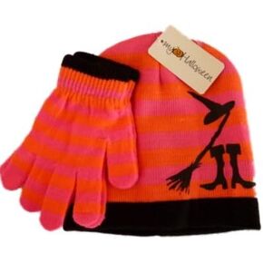 Girls Pink Orange Stripes Witch Beanie Gloves Hat set in Saudi Arabia