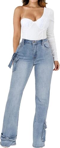 IbuduSexy Women's Mid Waisted Wide Leg Distressed Jeans Ripped Retro Denim Pants in Kuwait