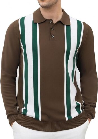Esabel.C Mens Knit Polo Shirts Long Sleeve Ribbed Textured Polo Shirt Fashion Collared Casual Golf Shirts in Kuwait