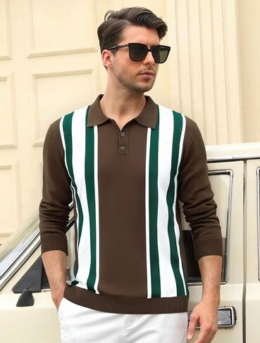 Esabel.C Mens Knit Polo Shirts Long Sleeve Ribbed Textured Polo Shirt Fashion Collared Casual Golf Shirts in Kuwait