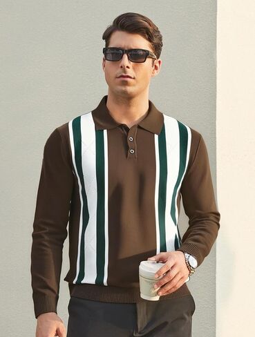 Esabel.C Mens Knit Polo Shirts Long Sleeve Ribbed Textured Polo Shirt Fashion Collared Casual Golf Shirts in Kuwait