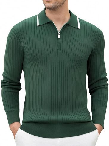 Esabel.C Mens Knit Polo Shirts Long Sleeve Ribbed Textured Polo Shirt Fashion Collared Casual Golf Shirts in Kuwait