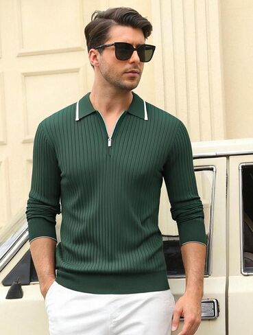 Esabel.C Mens Knit Polo Shirts Long Sleeve Ribbed Textured Polo Shirt Fashion Collared Casual Golf Shirts in Kuwait