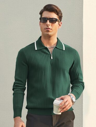 Esabel.C Mens Knit Polo Shirts Long Sleeve Ribbed Textured Polo Shirt Fashion Collared Casual Golf Shirts in Kuwait
