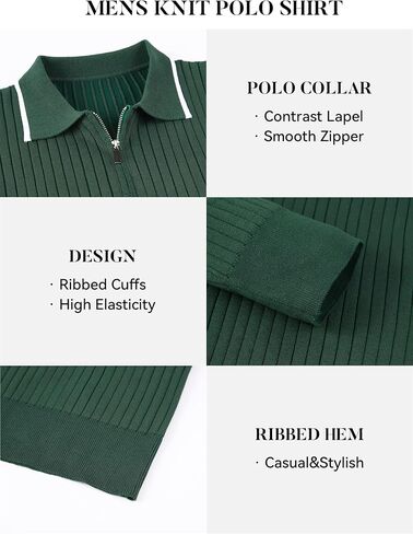 Esabel.C Mens Knit Polo Shirts Long Sleeve Ribbed Textured Polo Shirt Fashion Collared Casual Golf Shirts in Kuwait