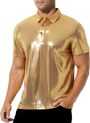 Casey Kevin Men's Metallic Polo Shirt 70s Disco Outfit Holographic Rave Short Sleeves Polo Shirt Top in Kuwait
