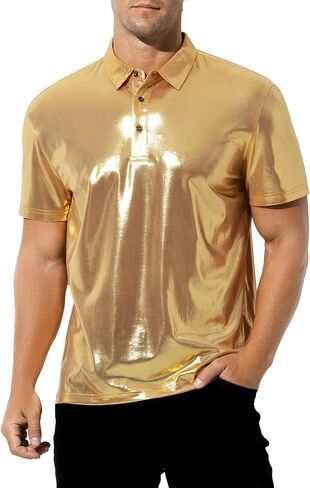 Casey Kevin Men's Metallic Polo Shirt 70s Disco Outfit Holographic Rave Short Sleeves Polo Shirt Top in Kuwait