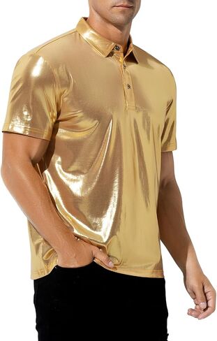 Casey Kevin Men's Metallic Polo Shirt 70s Disco Outfit Holographic Rave Short Sleeves Polo Shirt Top in Kuwait