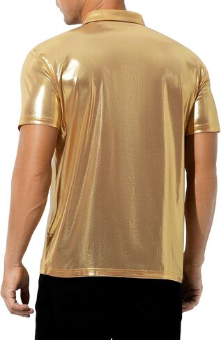 Casey Kevin Men's Metallic Polo Shirt 70s Disco Outfit Holographic Rave Short Sleeves Polo Shirt Top in Kuwait