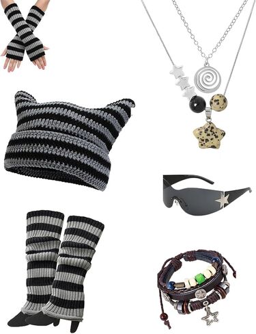 6PCS Therian Stuff,Y2k Jewelry Set With Grunge Necklace,Therian Fingerless Gloves,Knitted Emo Beanie,Grunge Bracelet,Glasses,Leg Warmers for Women,Y2K Therian Accessories Cosplay Party Jewelry Gift in Saudi Arabia