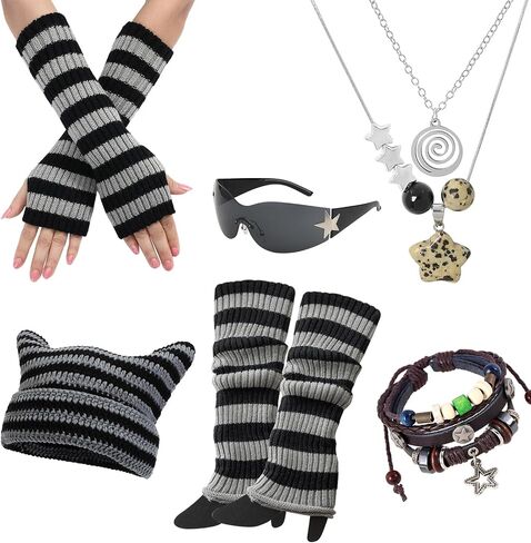 6PCS Therian Stuff,Y2k Jewelry Set With Grunge Necklace,Therian Fingerless Gloves,Knitted Emo Beanie,Grunge Bracelet,Glasses,Leg Warmers for Women,Y2K Therian Accessories Cosplay Party Jewelry Gift in Saudi Arabia