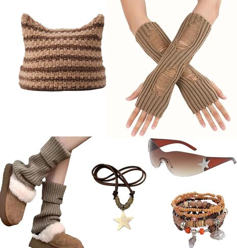 6PCS Therian Stuff,Y2k Jewelry Set With Grunge Necklace,Therian Fingerless Gloves,Knitted Emo Beanie,Grunge Bracelet,Glasses,Leg Warmers for Women,Y2K Therian Accessories Cosplay Party Jewelry Gift in Saudi Arabia