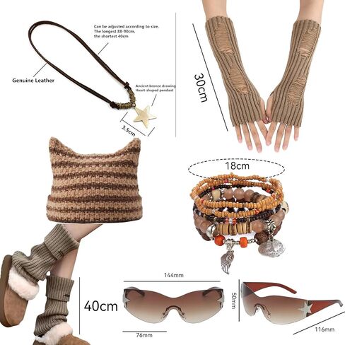 6PCS Therian Stuff,Y2k Jewelry Set With Grunge Necklace,Therian Fingerless Gloves,Knitted Emo Beanie,Grunge Bracelet,Glasses,Leg Warmers for Women,Y2K Therian Accessories Cosplay Party Jewelry Gift in Saudi Arabia