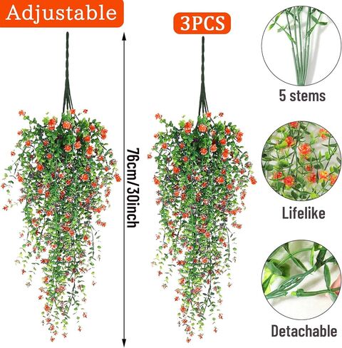 Artificial Hanging Flowers, 3 Pcs Fake Hanging Plants, Artificial Vines for Outdoors, Fake Ivy Vine UV Resistant No Fade Faux Plants for Indoor Decoration Outside Garden Patio Yard Greenery Decor in Saudi Arabia