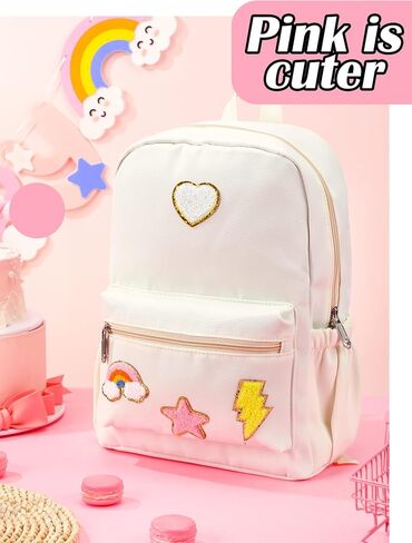 Preppy Backpack for Girls Back to School Gift School Book Backpack with Rainbow Chenille Patches(Pink) in Saudi Arabia