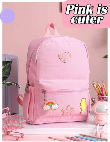 Preppy Backpack for Girls Back to School Gift School Book Backpack with Rainbow Chenille Patches(Pink) in Saudi Arabia