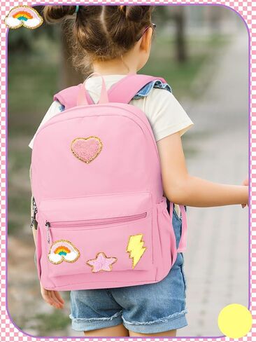 Preppy Backpack for Girls Back to School Gift School Book Backpack with Rainbow Chenille Patches(Pink) in Saudi Arabia