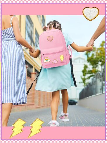 Preppy Backpack for Girls Back to School Gift School Book Backpack with Rainbow Chenille Patches(Pink) in Saudi Arabia