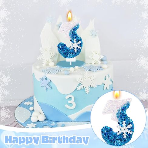 Blue Snowflake Number 3 Birthday Candle Frozen Themed Cake Candles Glitter Number 3 Candle Cake Topper Blue White Snow Winter Holiday 3rd Candles for Kids Adults Birthday Wedding Party Supplies in Saudi Arabia