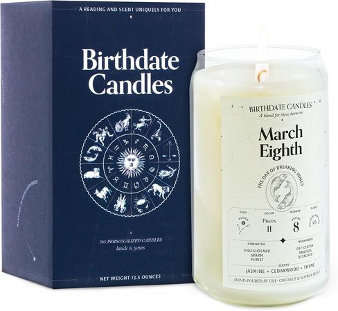 Birthdate Candles, March 20 - Pisces Zodiac Scented Candles Birthday Gift - Jasmine, Cedarwood & Thyme Scent - All-Natural Soy & Coconut Wax, 60-80 Hour Burn Time - Made in USA in Saudi Arabia