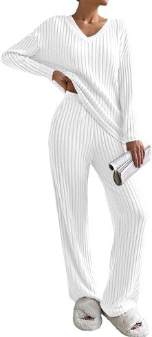 SHEWIN Women's Pajama Sets Long Sleeve Short Sleeve 2 Piece Lounge Sets Ribbed Knit Sweater Sleepwear in Saudi Arabia