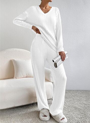 SHEWIN Women's Pajama Sets Long Sleeve Short Sleeve 2 Piece Lounge Sets Ribbed Knit Sweater Sleepwear in Saudi Arabia
