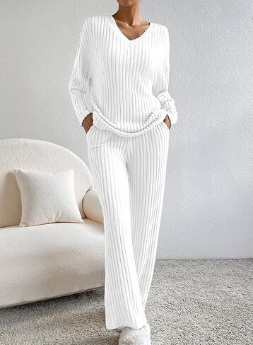 SHEWIN Women's Pajama Sets Long Sleeve Short Sleeve 2 Piece Lounge Sets Ribbed Knit Sweater Sleepwear in Saudi Arabia