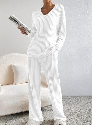 SHEWIN Women's Pajama Sets Long Sleeve Short Sleeve 2 Piece Lounge Sets Ribbed Knit Sweater Sleepwear in Saudi Arabia